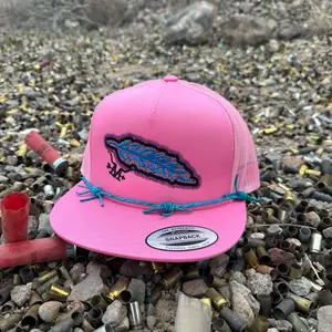 Western Feather Pink Hat with Adjustable Strap and Logo Design