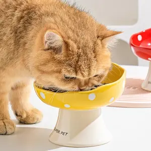 Ceramic Pet Cat Dog Bowl Mushroom Shape, Cute Design, Easy to Clean High Foot Neck Protection, Large Mouth Food Dish for Cats Dogs