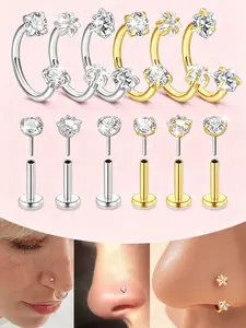 Unisex Stainless Steel Cz Nose Ring, Heart & Star Design, 18g U Shape Stud Earring, Fashionable Jewelry Gift for All Seasons, Nose Rings Set