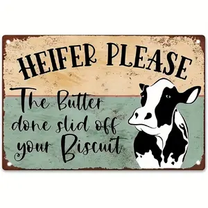 Farm Cow Metal Wall Sign Heifer Please The Butcher Done Slid Off Your Biscuit Rustic Retro Distressed Teal Brown Metal Art 7.87x11.81 Inch Pre Drilled Holes Home Decor Country Kitchen Bar Coffee Shop Wall Decor