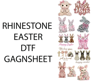 RHINESTONE EASTER DTF GANSHEET FOR SHIRMAKING with Adorable Bunny Designs and Sparkling Rhinestones