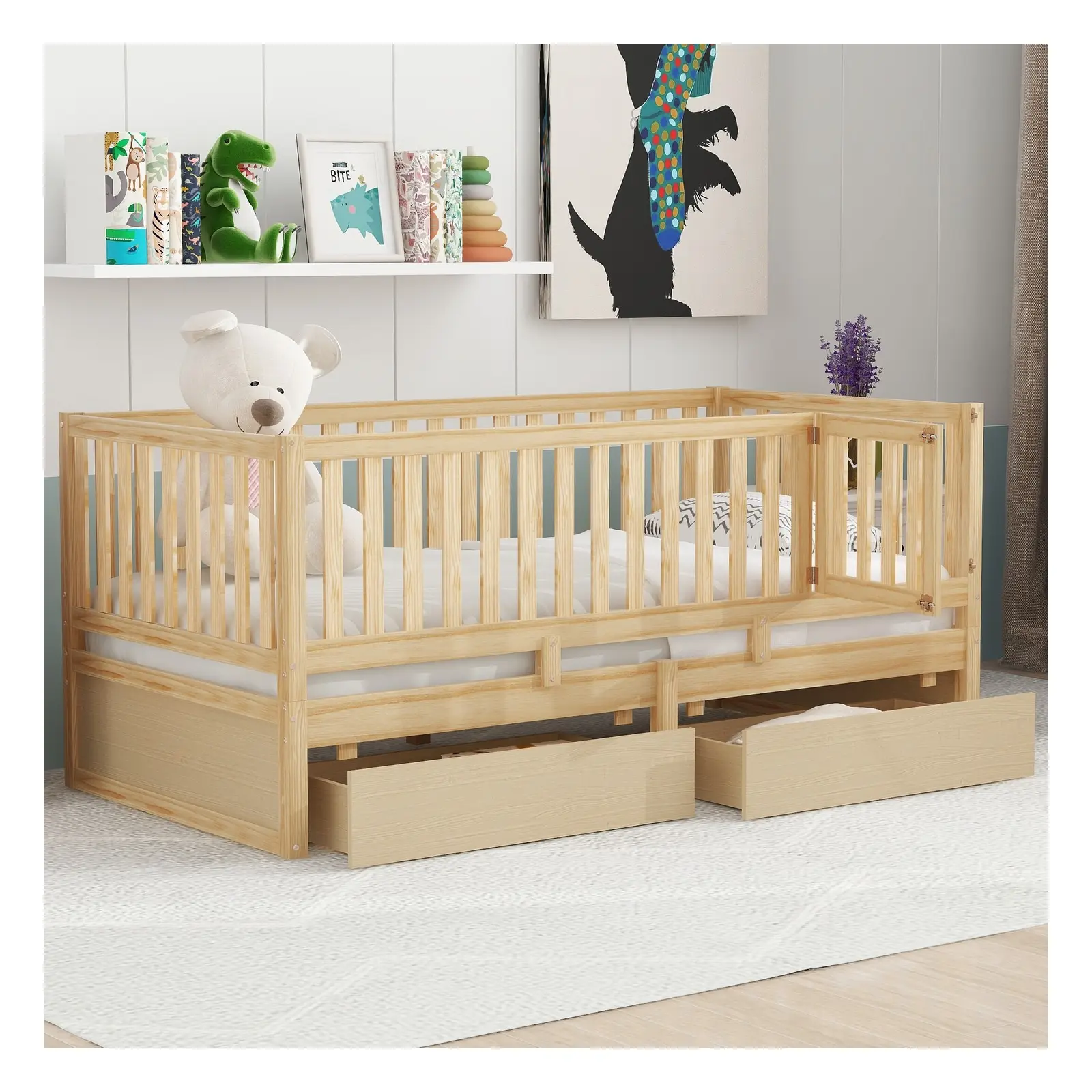 Twin Wood Daybed Frame with Storage Drawers and Guardrails, Natural/Gray/White