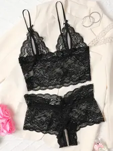 YIAII Women's 2 Piece Lingerie Set Sheer Floral Lace Deep V Bralette and Panty