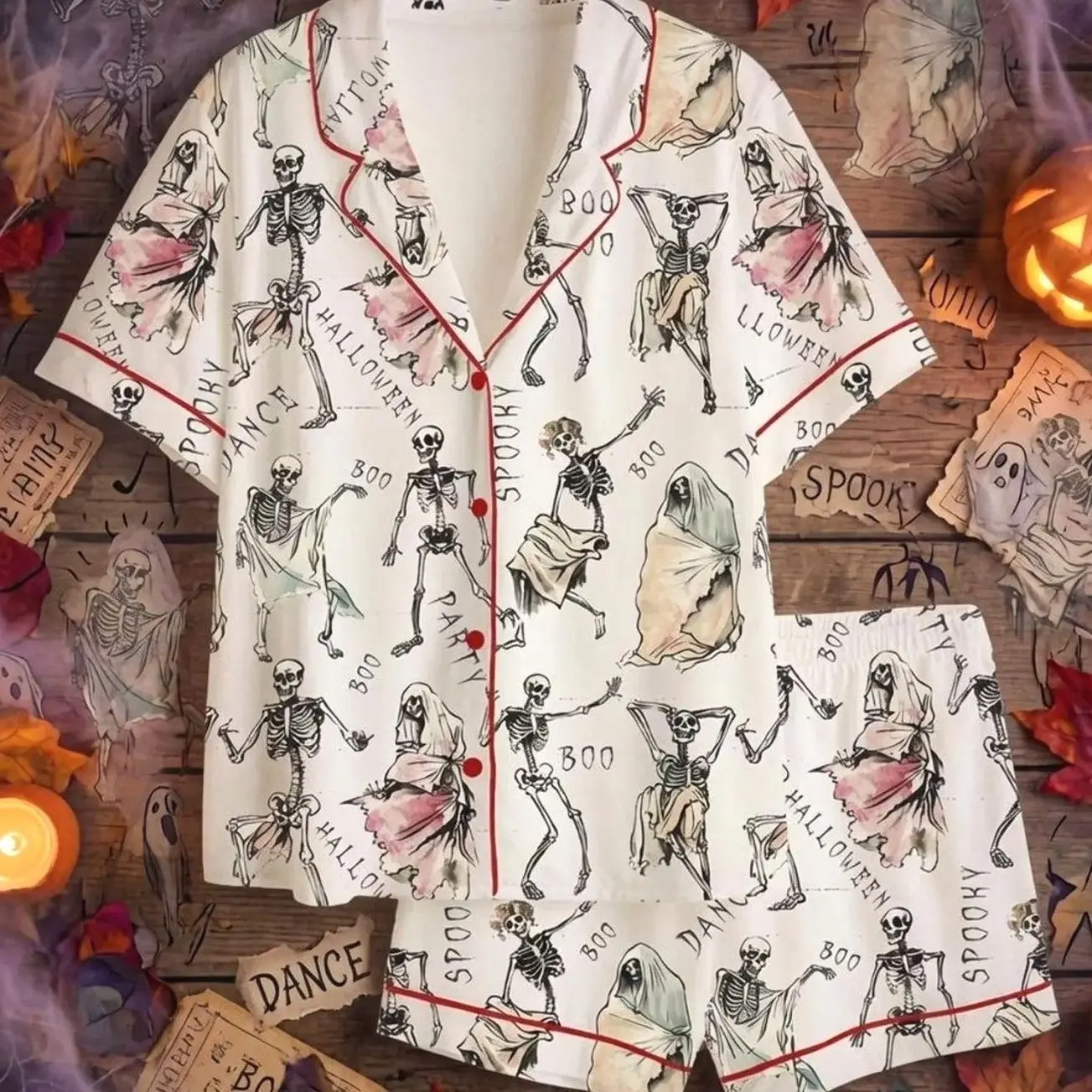 Dancing Skeleton Halloween Satin Pajama Set – Short and Long Sleeve Spooky Lounge Gift for Men Women & All Ages