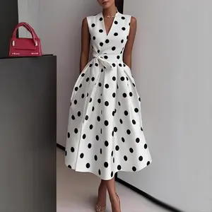 New Women's Polka Dot Dress Sleeveless V-Neck High Waist Slim Lace-up Fashionable Elegant Evening Midi Dress Suitable for daily wear