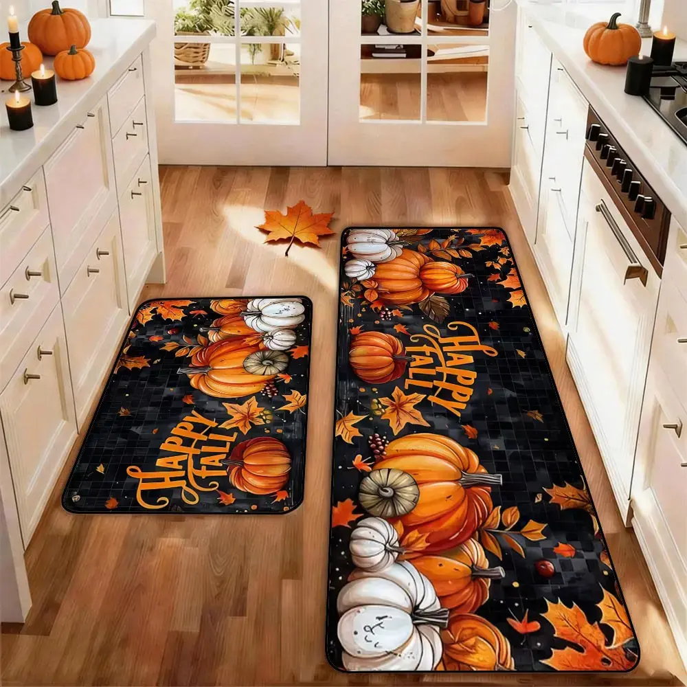 2-Piece Thanksgiving Fall Kitchen Rug Set, Pumpkin & Maple Leaf Non-Slip Floor Mats, Soft Farmhouse Kitchen Runner Rugs, Autumn Home Decor