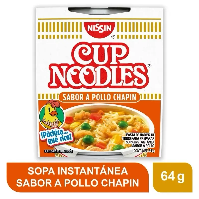 Nissin Cup Noodles 6 units of Chicken Flavor with Vegetables, 64 gr. Each, Organic, No Trans Fat, Perfect for Sharing, from Guatemala Food Instant