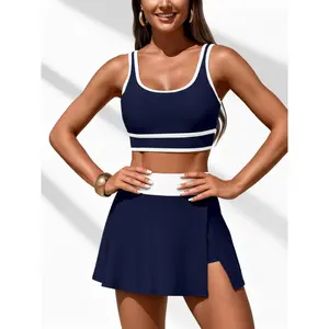 2026 Comfort-Focused Tankini Swimsuits - Flexible Navy Crop Top, Airy High-Waisted Skirt with White Details, Ideal for Beach Relaxation & Casual Swimming
