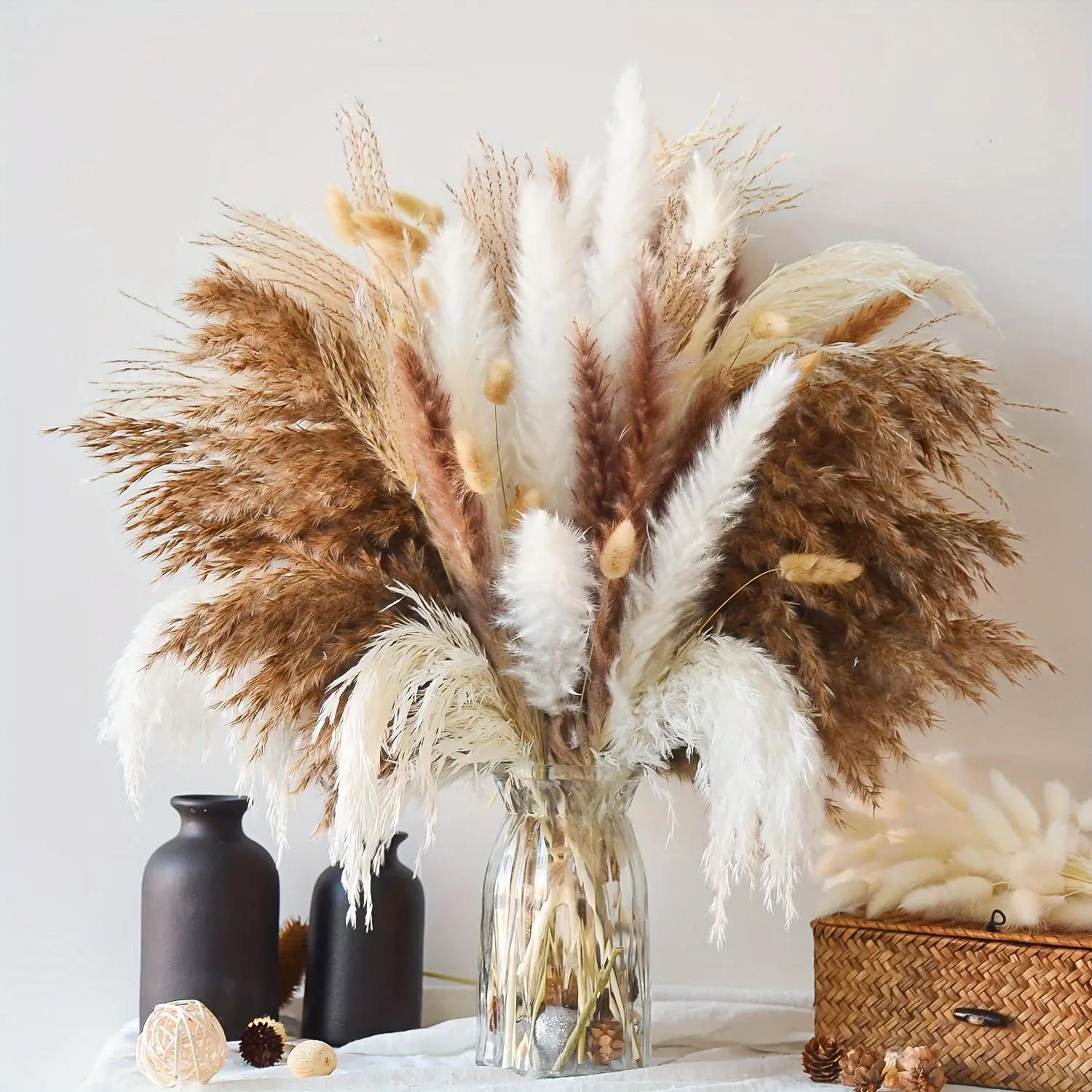 NortureFlora 109-219-Piece Artificial Decorative Dried Pampas Grass & Bunny Tail Bouquet - Indoor Ornaments, Boho Home Decor, Daily & Anniversary Evening Decor, Independence Day Centerpieces