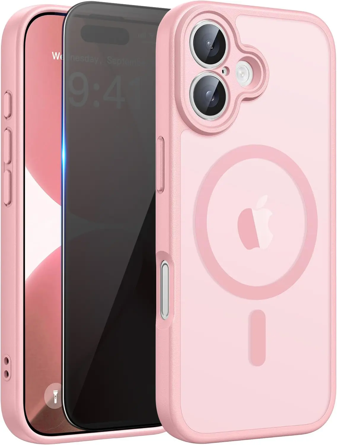 for iPhone 17 Case with Privacy Tempered Glass Screen Protector，for iPhone 17 Phone Case Compatible with MagSafe，Magnetic Translucent Matte Military Grade Drop Proof Protection Cell Phone Cover - Pink