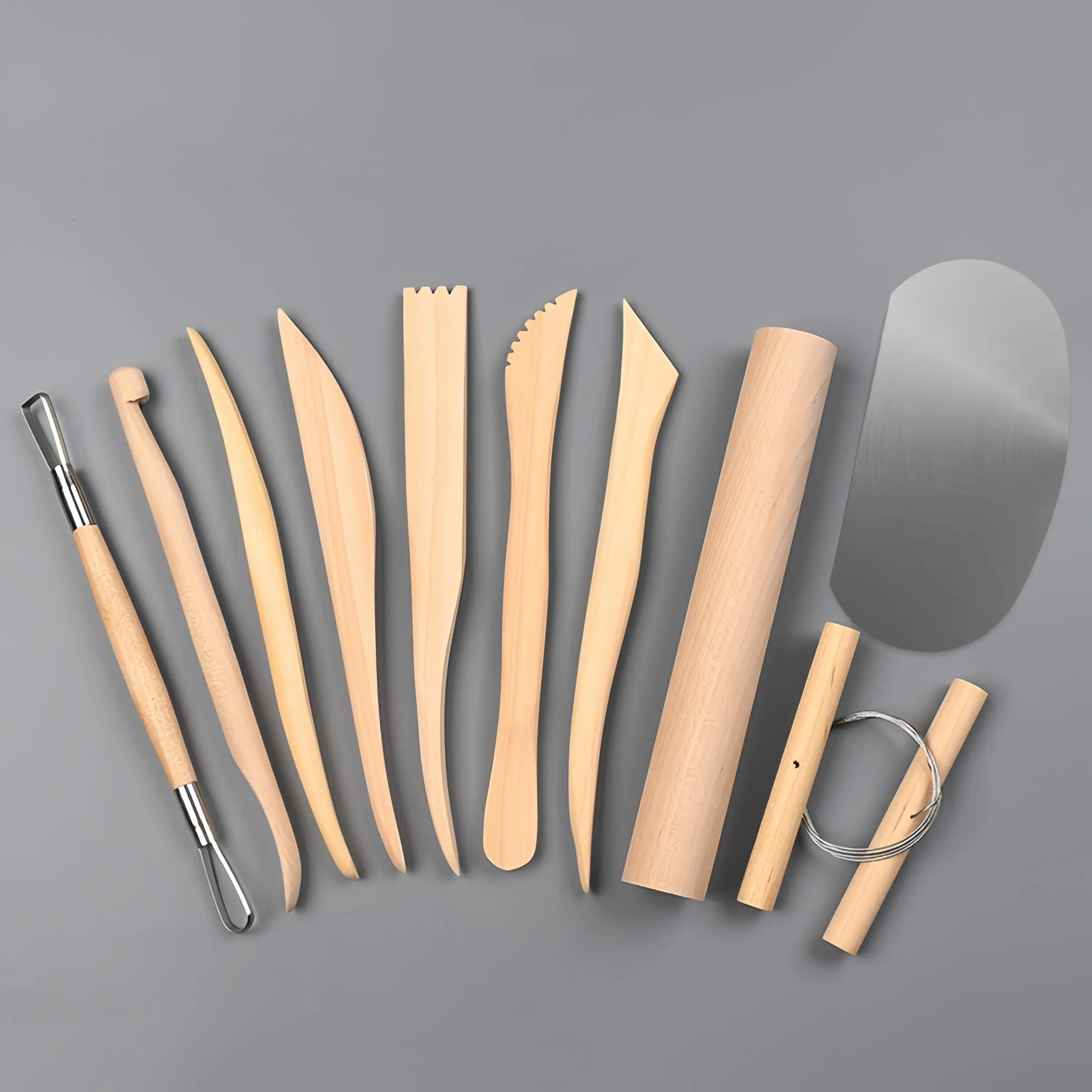 10pc set of clay sculpture tools, Clay sculpting tools, including double headed wood carving knife, ceramic soft pottery tool, air dried clay tool, shaping knife, clay wire cutting knife, rolling pin, professional clay sculpture knife