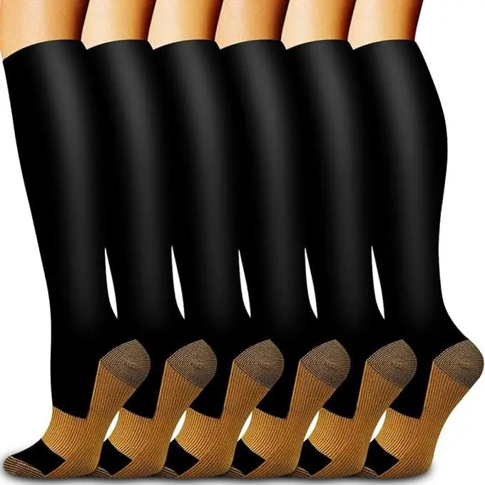 Men's High-Quality 6-Pair Compression Tubesocks - Anti-Slip Grip Knee-High Sports Stockings, Polyester Closed-Toe Socks, Lightweight Moisture-Wicking, Blood Flow Support, for Bigwig Running, Hiking