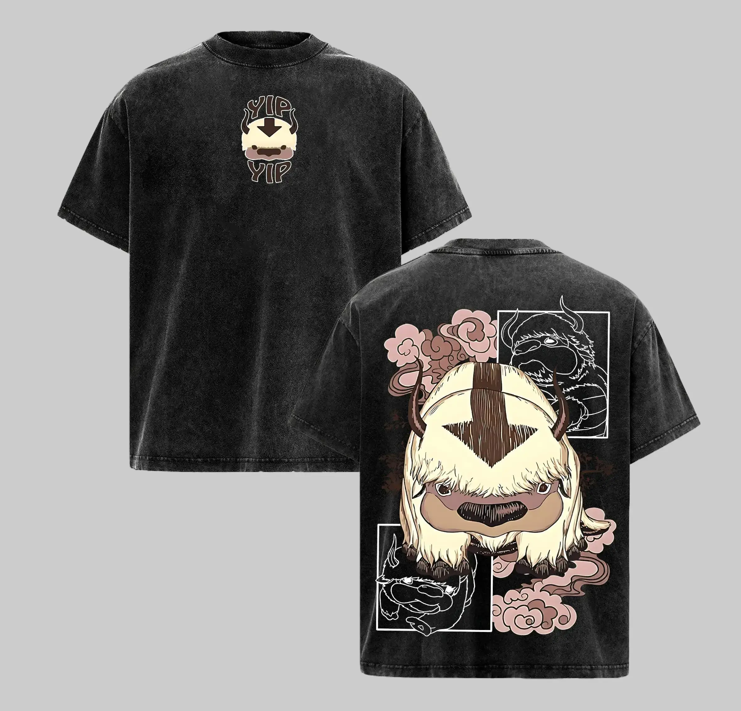 Men's Oversized Vintage Washed Heavyweight Cotton Graphic T-Shirt - Unisex Casual Short-Sleeve Menswear Top, Avatar Appa Anime Streetwear Crewneck Tee