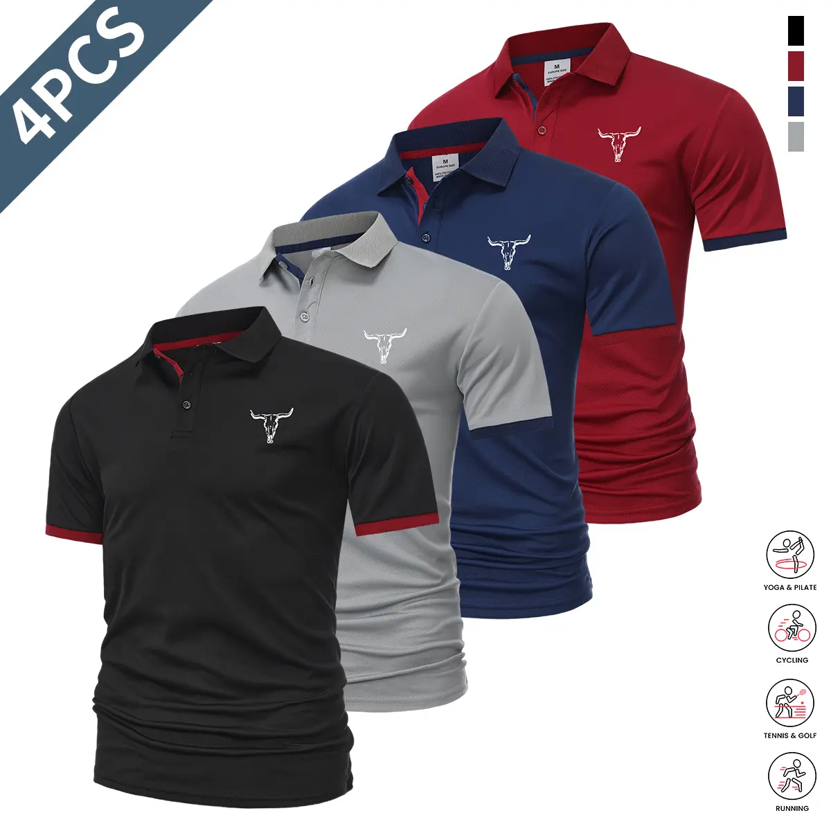 Men’s 4-Pack Basics Polo Shirts - Sporty Chic, Soft, Breathable Short-Sleeve Tops with Classic Turn-Down Collar, Comfortable Casual Fit, Suitable for Work, Golf