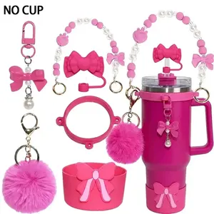 6pcs Coquette Additions Set for 40oz 30oz Tumbler, Drinkware Accessories, Include Bow Straw Cover, Pearl Handle Chain, Silicone Boot, Pompom Charm, Cute Preppy Barbiecore Cup Decor Gift for Women Girls, Ideal for Valentine'S Day, Women'S Day