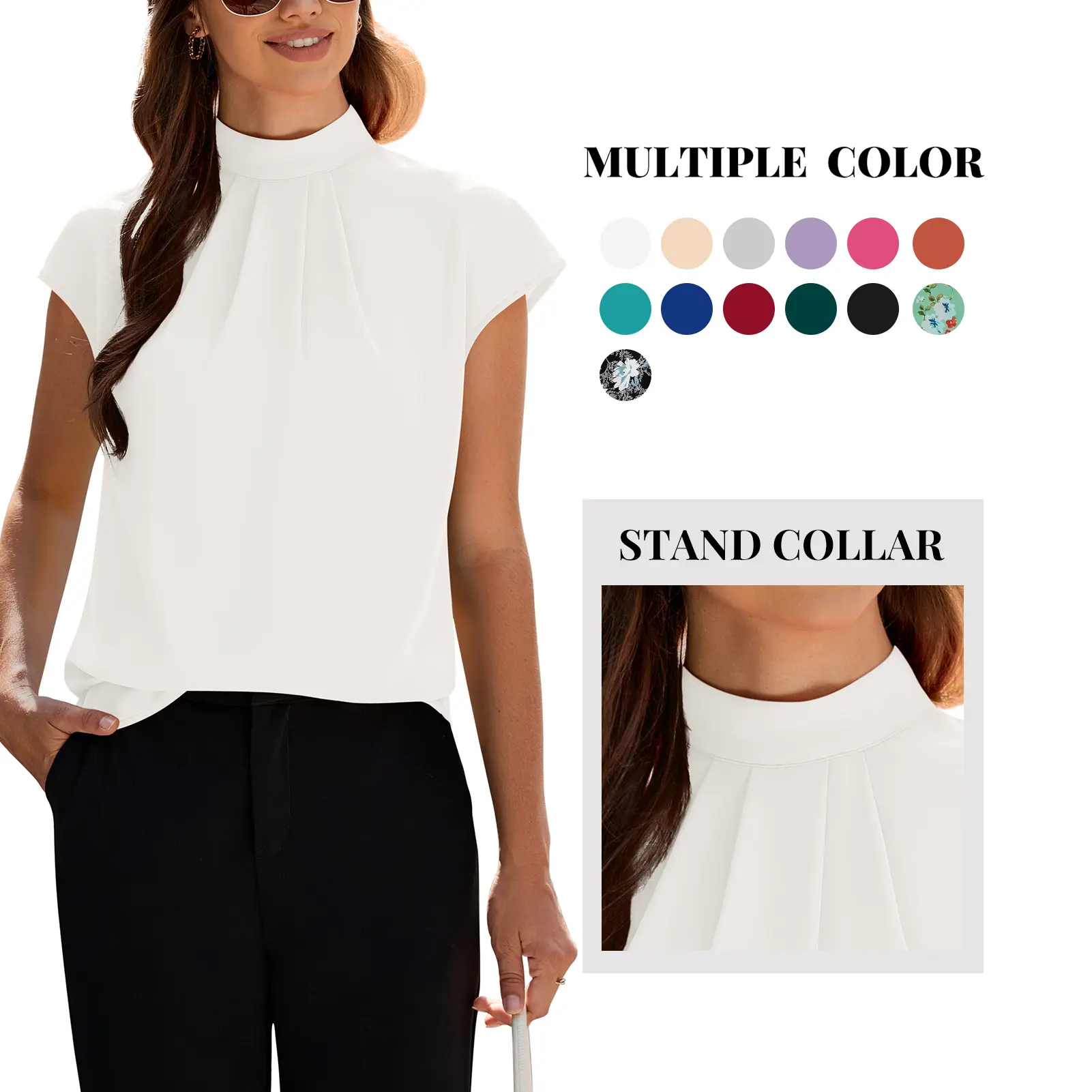 Women's Short-Sleeve Mock Neck Chiffon Blouses - Premium Basic Fabric Minimalist Formal Tunics with Soft Front Pleated Stand Collar, Foldable Office Work Shirts, Business Casual Blazer-Ready for Spring Summer, Office Ootd, Interviews, Ready for Any Event,