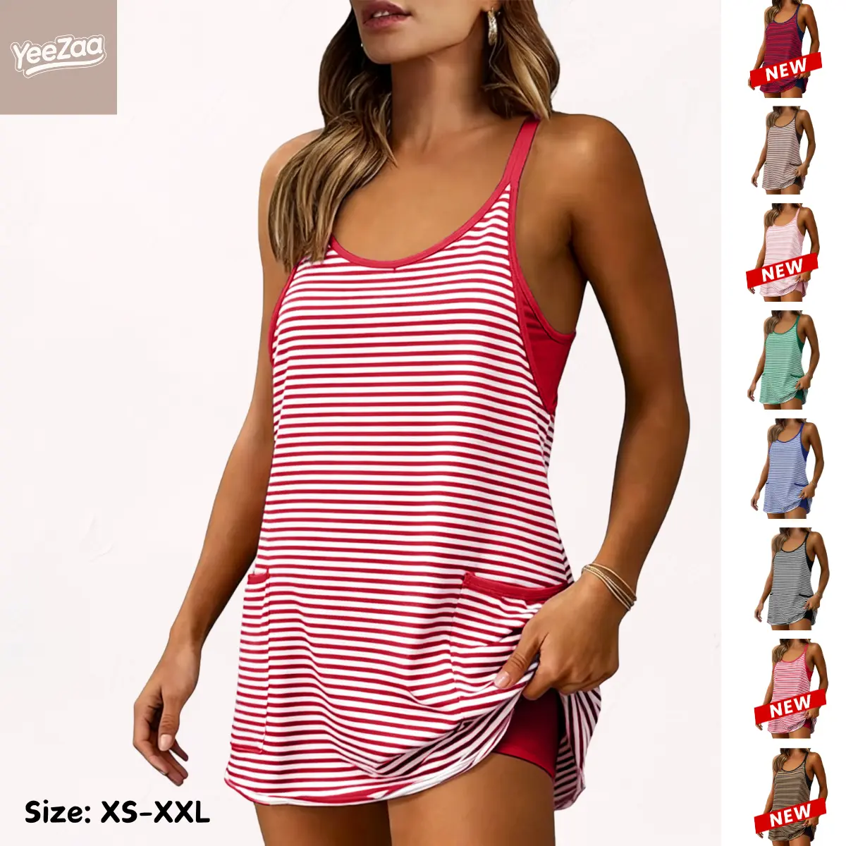 YeeZaa Women's Striped Tennis Dress 4th of July Holiday with Built-in Shorts Sleeveless V Neck Mini Athletic Workout Romper Summer Casual Vacation Outfit