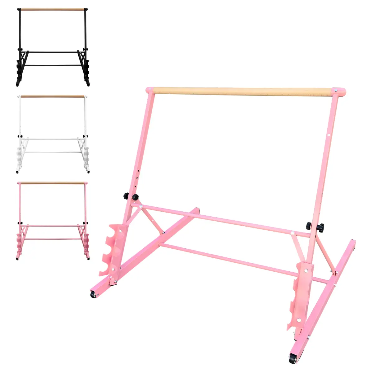 Pink Freestanding Ballet Barre, 41.3" Solid Wood Bar with 4-Level Adjustable Height for Kids & Adults, Portable with Rolling Wheels for Dance & Pilates, Compact Storage, Stretching