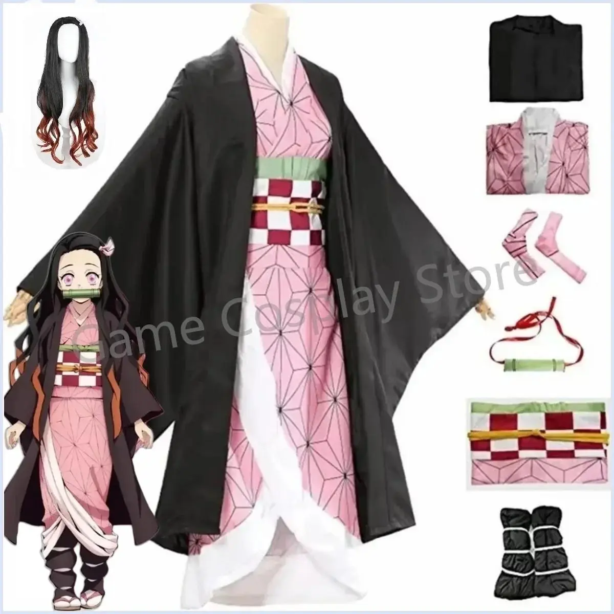Anime Nezuko Cosplay Kamado Nezuko Cosplay Costume Nezuko Wig Props Uniform For Adult Kids Halloween Carnival Party Comic Con