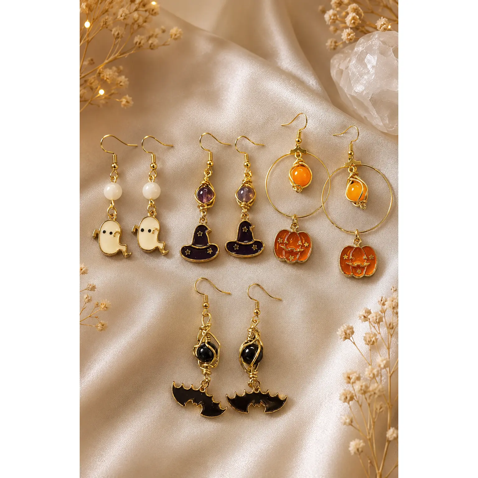 Handmade Semiprecious Stone Halloween Earrings Collection - Ghost, Witch Hat, Pumpkin, Bat Designs for Jewelry Accessories