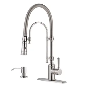 WOWOW Single Handle Pull Down Sprayer Kitchen Faucet Solid Brass with Soap Dispenser in Brushed Nickel