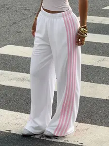 Women's High-Waisted Wide-Leg Striped Loose Fit Pants, Casual Plain Design, Spring & Fall Season, Comfortable Daily Wear, Casual Outdoor Pants