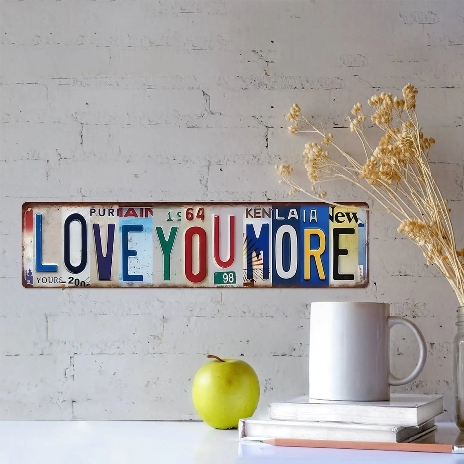 1pc 16*4in Aluminium "LOVE YOU MORE" Vintage Metal Sign - Home Decor Products, Vibrant Mixed-Letter Collage Plaque, Pre-Drilled Holes, Weather-Resistant, Indoor Home Decoration Wall Decor, Anniversary Gift for Couples