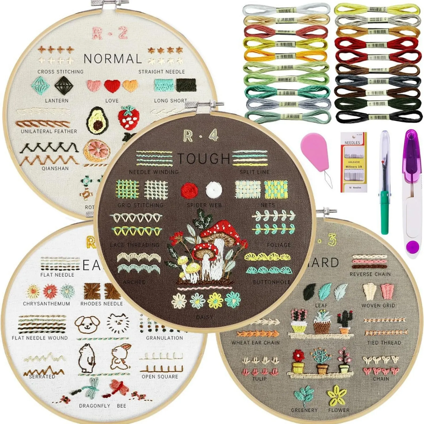 Embroidery kits perfect for beginners, featuring simple designs, hand embroidery, a beginner’s guide, and video tutorials | Learn various stitches through 4 stages; includes a variety of accessories—the ideal gift for craft enthusiasts