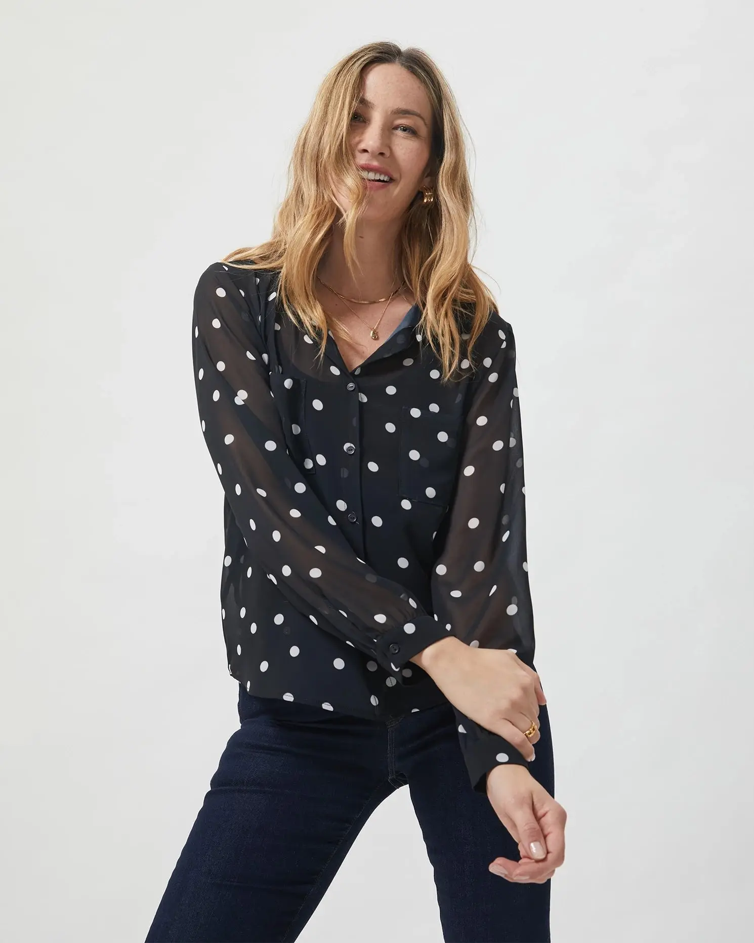 Women's Polka-Dot Sheer Mesh Long Sleeve Blouse - Lightweight, Relaxed Fit, Chest Pockets, Allover Spot Print, Casual Top for Desk & Drinks