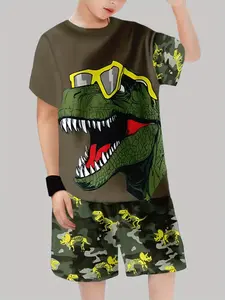 Boys' Fashionable 3D Camo Dinosaur Print Set, Casual Fitted Long Sleeve Pullover & Shorts, Outdoor Wear for All Seasons