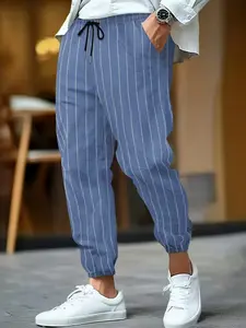 Men's Striped Linen Pants, Soft Breathable Summer Loose Fit, Fashion Casual Retro Japanese Style, Elastic Waistband, Multiple Sizes & Colors