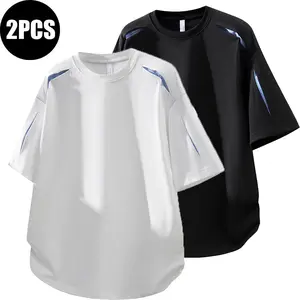 2PCS summer short sleeved patchwork T-shirt fashionable, comfortable, versatile top casual round neck breathable college style short sleeved T-shirt