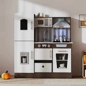 Kids Play Kitchen Set Pretend Wooden Playset Toy w Sound Light Oven Ice Maker Blackboard Toy Storage Box for Toddlers Ages 3+