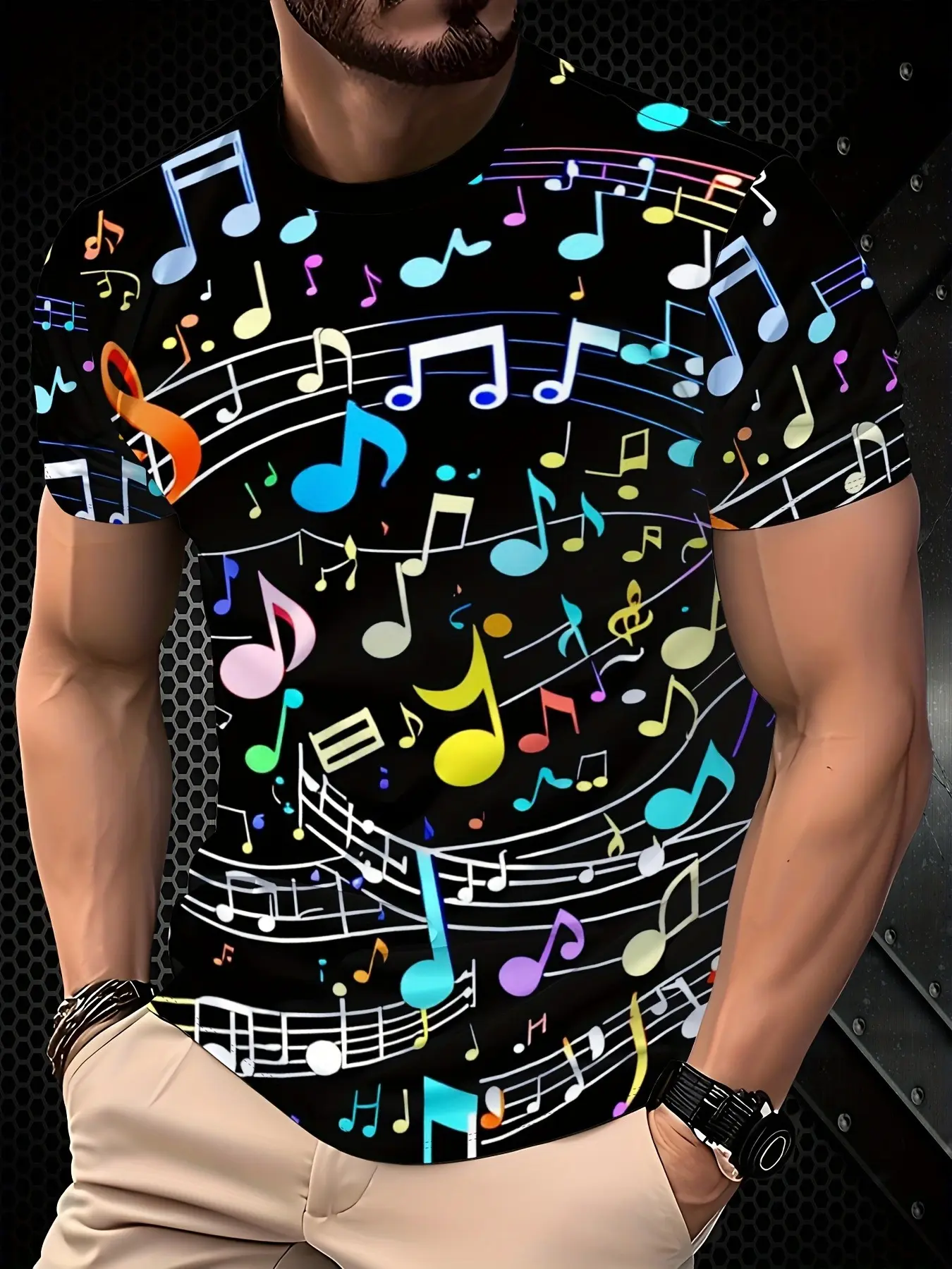 Men's 3D Note & Staff Stripes T-Shirt - 100% Polyester Fiber, Perfect Halloween Gift for Men. Glowing Neon Colorful Notes (High Note/Staff), Breathable Round Neck Casual Summer Short Sleeve, Music-themed Gift Suitable for Musicians and Music Lovers