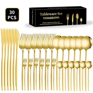 30-Piece Mirror-Polished Stainless Steel Cutlery Set - Rounded Curves, Smooth Finish, Reusable Gold Plating, Dishwasher Safe, Portable, Elegant, Durable Tableware for Family Dinners, Formal Dinners