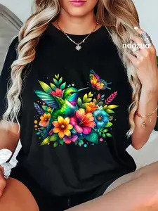 100% Cotton Floral Watercolor Hummingbird & Butterfly T-Shirt