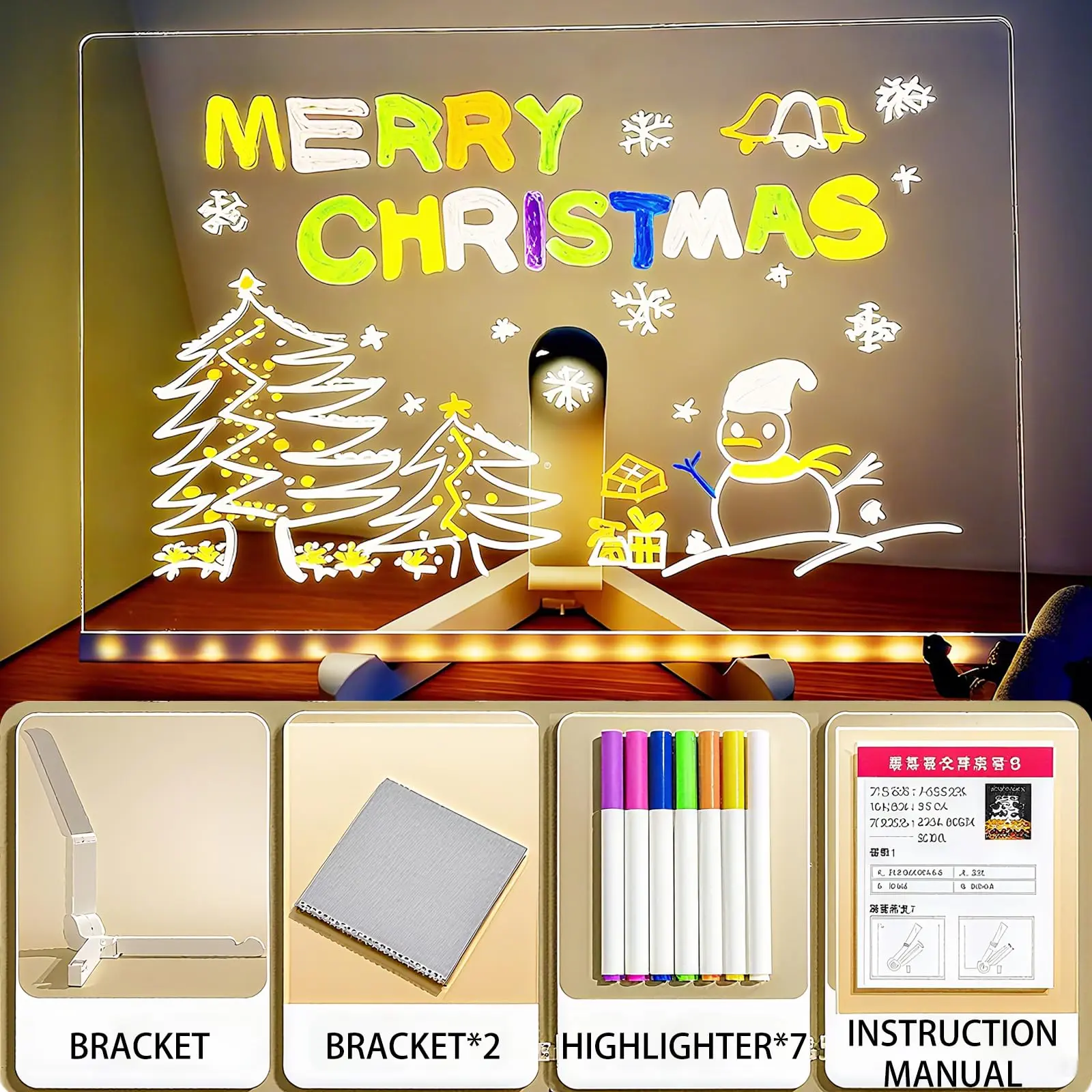 Acrylic LED Light Up Message Board - 30x20 cm Led Lighting Board with 7 Neon Markers, Erasable Home & Festive Party Supply, Bedroom Decor for All Ages, Creative Gift