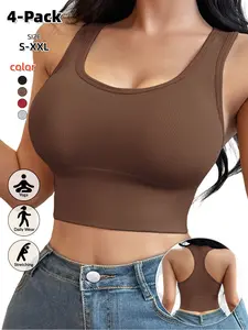 Women's Sporty Backless Bra Vest, Yoga Sports Bra, Breathable Ribbed Fabric, High Elasticity, Medium Support, Wide Shoulder Straps, All Seasons Wear, 3 Pack/4 Pack.