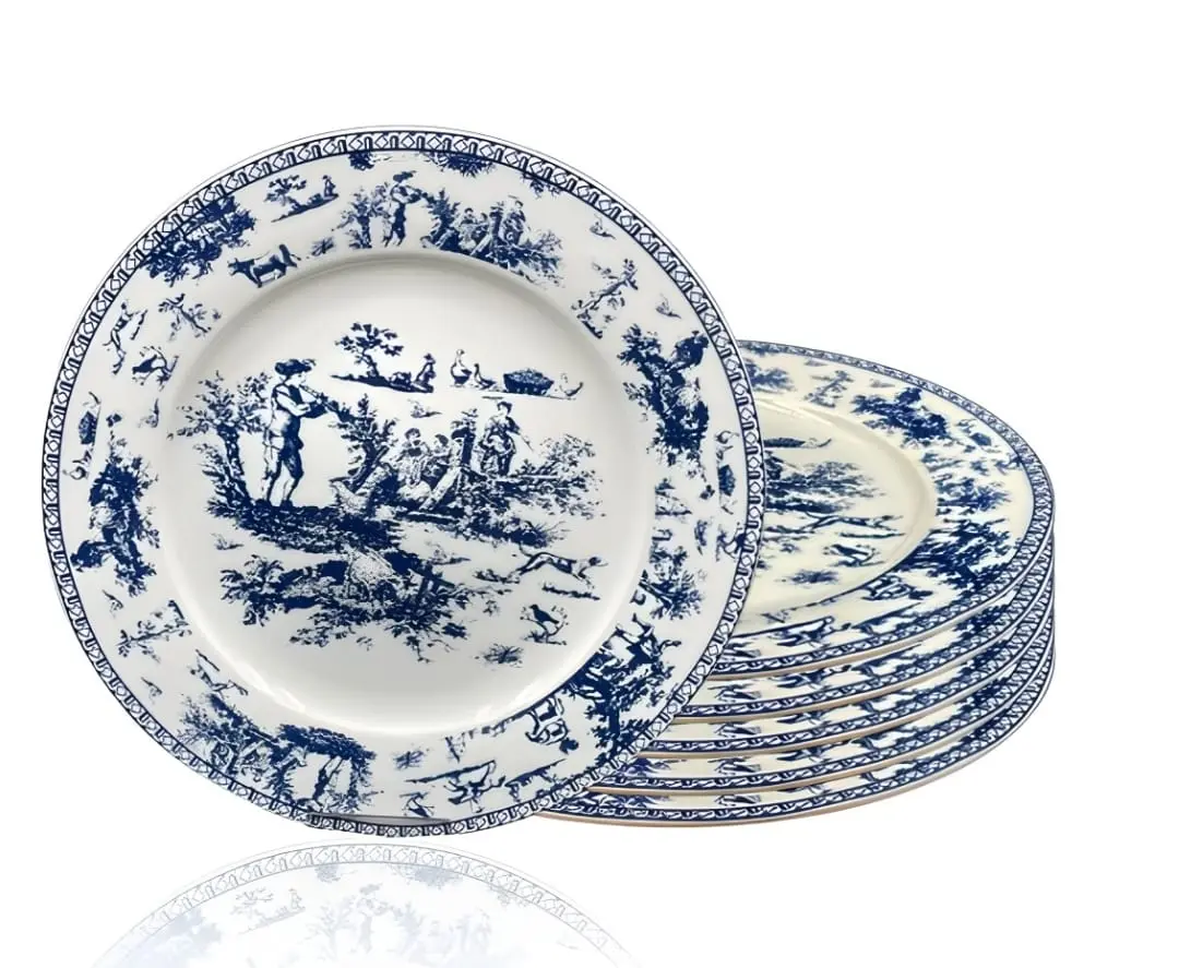 W&S Classics Classic French Luxury Round Dinner Plates 10.5 Inches Colorful Ceramic Flat Plates Set of 6 Large Serving Plates for Party Dishes for Appetizer Salad Desert Steak Blue Solid Design Dishwasher Safe