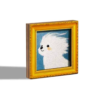 1PC Cute Fluffy Dog Fridge Magnet, Wooden Mini Decorative Art Magnet with Cartoon White Puppy, Pink Blush and Blue Background, Home Office Kitchen Decor Gift Magnetic