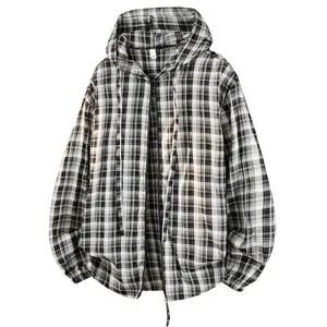 Vintage plaid hooded shirt jacket for men — loose casual zip-up cardigan with plaid hood, stylish and versatile top #SummerWins