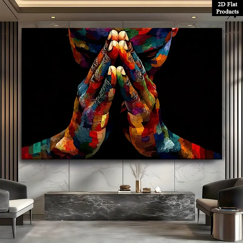 2D canvas, 2D canvas, 2D canvas wall art, praying hands theme, solid wood frame, canvas print. This modern and contemporary artwork features bright colors and is perfect for home decoration in the living room or bedroom