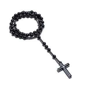 8mm Natural Tiger Eye Stone Cross Pendant Necklace - Retro Obsidian Beaded Long Chain, Healing Crystal Jewelry for Men, Unisex Spiritual Religious Rosary Style, Clothing Sweater Party Accessory, Y2K Statement Gift for Him tiktokshopspringglowup