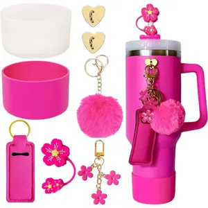 Accessories for Stanley Cup 40oz,2 Silicone Boots for Stanley Tumbler,1 Flower Straw Cover Topper,2 Charms Hooks,1 Lipstick Holder Bag,1 Pompom Ball,1 Cute Keychain Charms (Passion Pink)