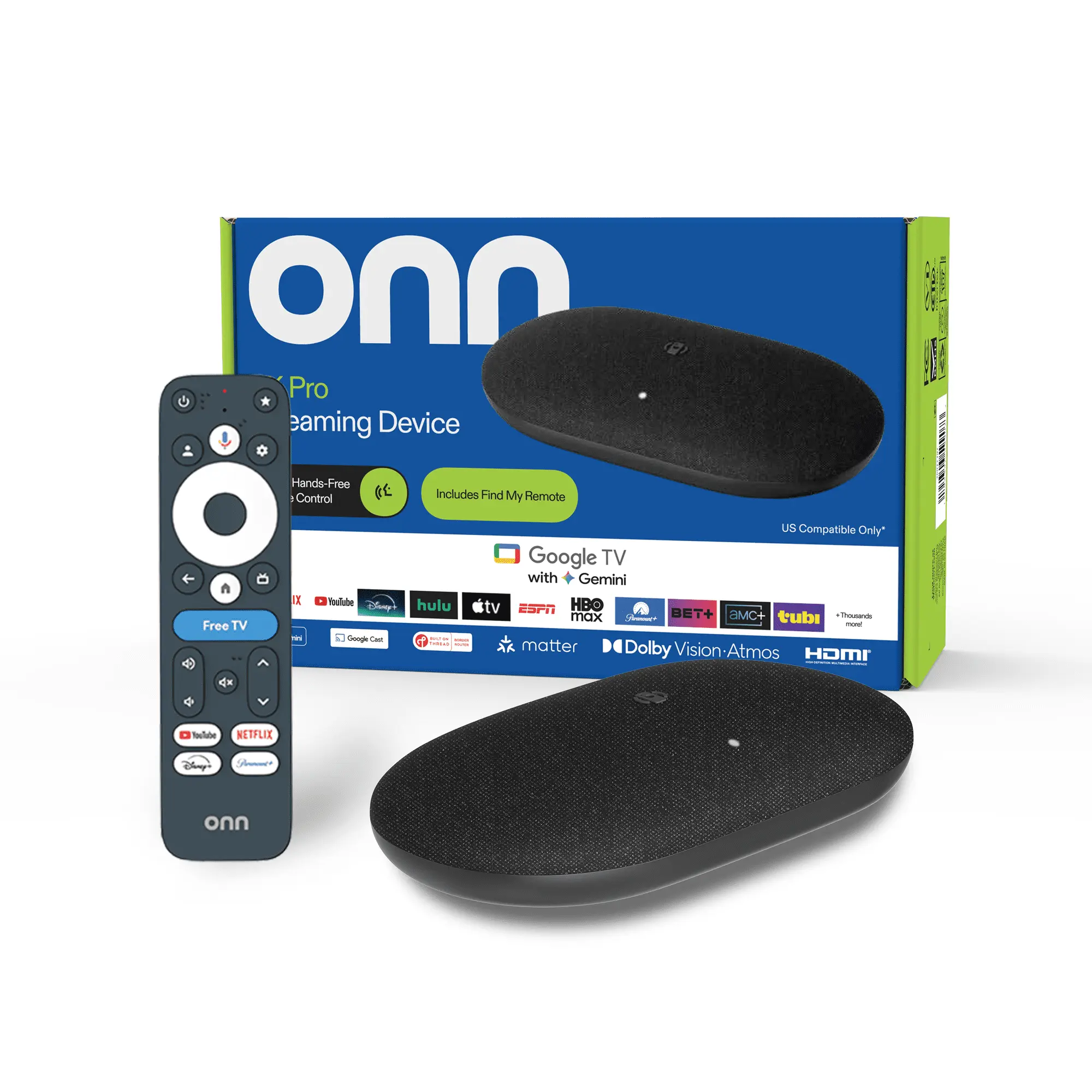 onn 4K Pro Streaming Device, Google TV with Gemini (NEW 2026 Model) - Ultra-fast Streaming, Stunning 4K UHD, 32GB Storage, 3GB RAM, Dolby Vision & Atmos, Find My Remote with Backlight, Ethernet Port