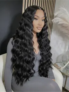 32 Inch Long Black Wavy 13x4 Lace Front Wig Heat Resistant Synthetic Hair Natural Black Pre Plucked Natural Hairline Free Part for Women Daily & Party Use Deep Wave Frontal Deep Wave Wigs