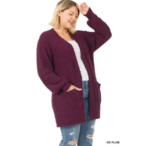 Plus Puff Sleeve Popcorn Cardigan, Dark Plum