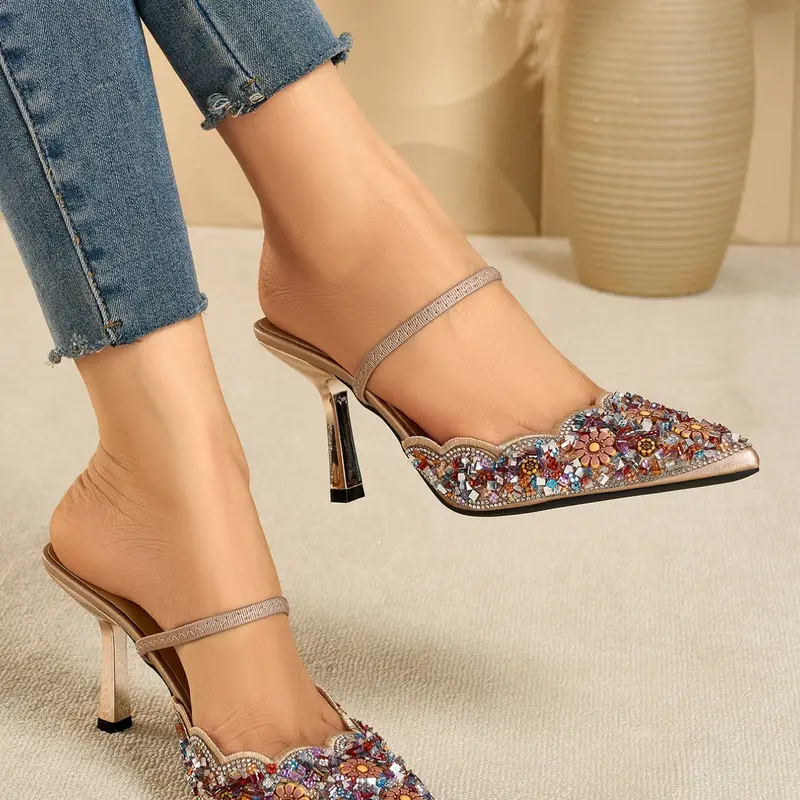 Heavy-Duty Rhinestone Stiletto Heel Mules, Pointed Toe Slingback Shoes, Evening Wear, Medium Width, Textile Upper and TPU Sole