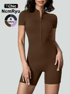 Fashion Zipper Sporty Yoga Jumpsuit Short Playsuit Women Romper Short Sleeve Gym Fitness Overalls One Piece Sports Suit Unitard