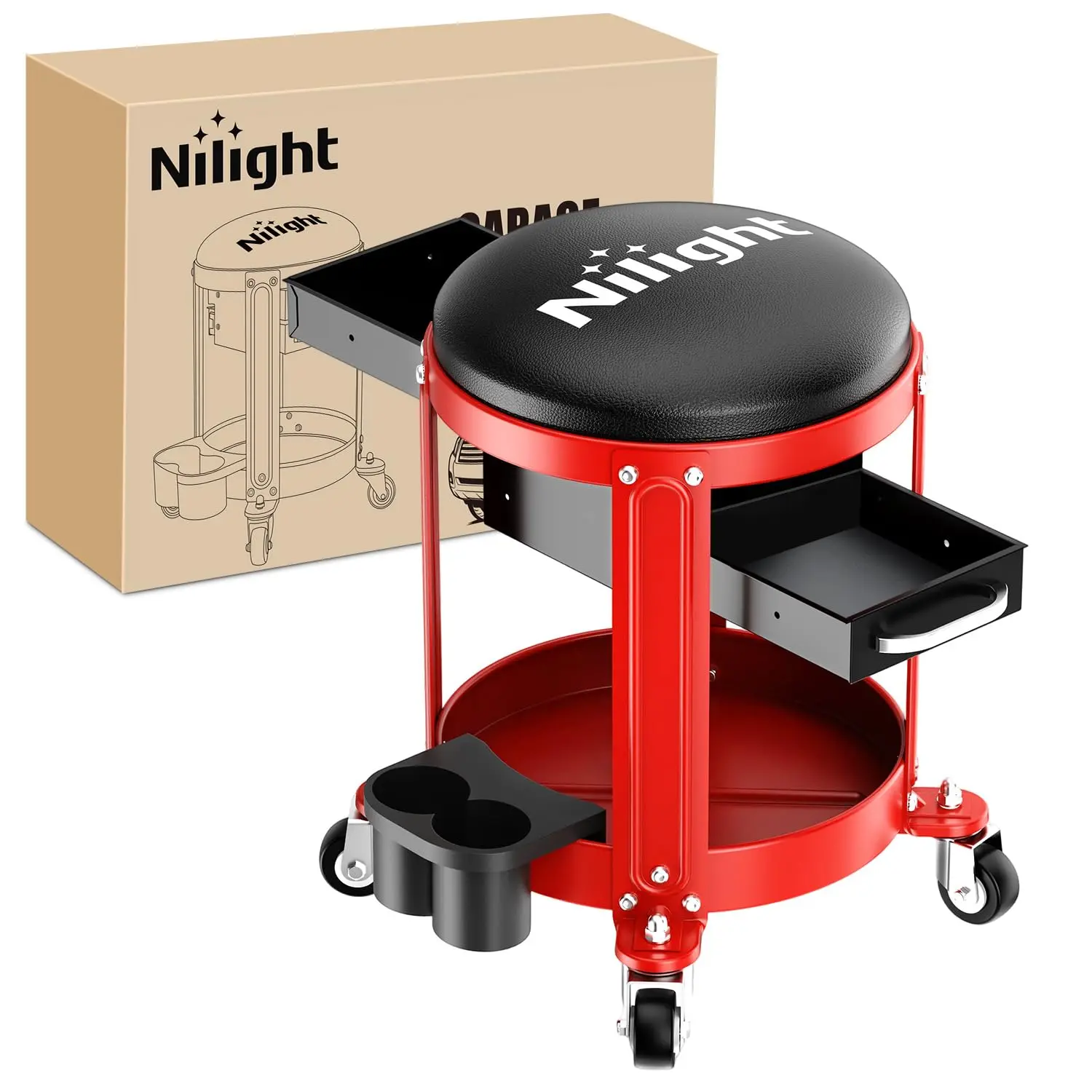 Nilight Rolling Mechanic Stool, 300LBS Capacity Red Garage Seat with Dual Drawers, Tool Tray, Cup Holders, Removable Padded Waterproof PU Leather Seat & 360-Degree Casters for Garage Auto Repair, Rolling Stool, Removable Seat